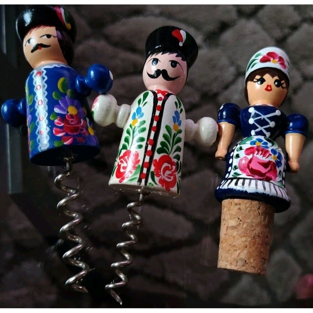 3 Hungarian Folk Art Wooden Painted Bottle Cord Screws & Stopper